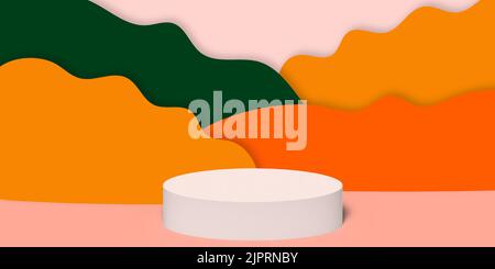 Moderno podio a cilindro bianco realistico da 3D mm con una curva geometrica colorata e brillante e uno sfondo vuoto. Modelli di design per la moda Illustrazione Vettoriale