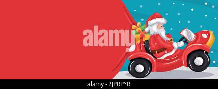 Buon natale sfondo con babbo natale auto alla guida e tirando borsa regalo sulla neve. Banner di Natale con spazio per il testo Illustrazione Vettoriale