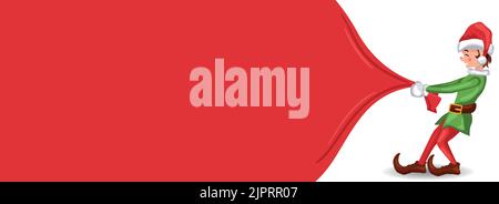 Buon sfondo di natale con babbo natale elfo tirando borsa di doni. Banner di Natale con spazio per il testo Illustrazione Vettoriale