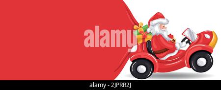 Buon natale sfondo con babbo natale auto alla guida e tirando borsa regalo sulla neve. Banner di Natale con spazio per il testo Illustrazione Vettoriale
