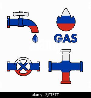 Gas russo. Crisi energetica in Europa. Illustrazione del vettore piatto isolata su sfondo bianco. Illustrazione Vettoriale