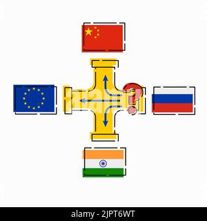 Dove andrà il gas russo. Infografiche. Crisi energetica in Europa. Illustrazione del vettore piatto isolata su sfondo bianco. Illustrazione Vettoriale