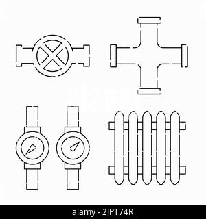 Valvola, gasdotto, oleodotto, barometro, batteria di riscaldamento. Crisi energetica in Europa. Illustrazione del vettore piatto isolata su sfondo bianco. Illustrazione Vettoriale