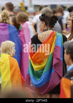 Magdeburgo, Germania. 20th ago, 2022. Partecipanti al CSD stand presso il mercato Vecchio. Il CSD Christopher Street Day di quest'anno a Magdeburgo si è terminato con una dimostrazione e un festival cittadino. Il motto 'Queer Europe - non ti darà mai in su' è stato il fulcro dell'evento. Credit: Matthias Bein/dpa/Alamy Live News Foto Stock