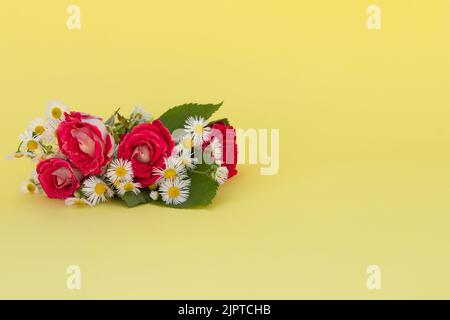 Bouquet di rose e margherite isolato su giallo, spazio per il testo Foto Stock