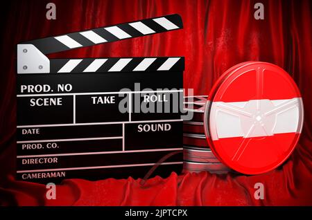 Cinematografia austriaca, industria cinematografica, cinema in Austria, concetto. Cartoncino con bobine di film e sul tessuto rosso, 3D rendering Foto Stock