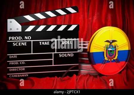 Ecuadoriana cinematografia, industria cinematografica, cinema in Ecuador, concetto. Cartoncino con bobine di film e sul tessuto rosso, 3D rendering Foto Stock