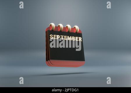 In piedi nero e rosso mese linea calendario scrivania settembre. Design moderno con elementi dorati, illustrazione in 3D. Sfondo grigio blu. Foto Stock