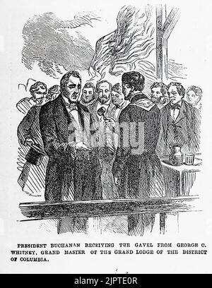 Inaugurazione della statua di Clark Mills di George Washington - il presidente James Buchanan riceve il gavel da George C. Whitney, Gran Maestro della Gran Loggia Massonica del Distretto di Columbia. Febbraio 22nd, 1860. Illustrazione del 19th° secolo dal quotidiano illustrato di Frank Leslie Foto Stock