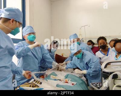 Addis Abeba, Etiopia. 31st Mar, 2022. I medici del lotto 23rd dell'équipe medica cinese effettuano un'operazione chirurgica presso l'Ospedale dell'amicizia Etiopia-Cina, noto anche come Ospedale di Tirunesh Pechino, nel sobborgo sudorientale di Addis Abeba, Etiopia, 31 marzo 2022. PER ANDARE CON 'caratteristica: La squadra medica cinese fornisce il servizio di salute di qualità in Etiopia' Credit: Str/Xinhua/Alamy Live News Foto Stock