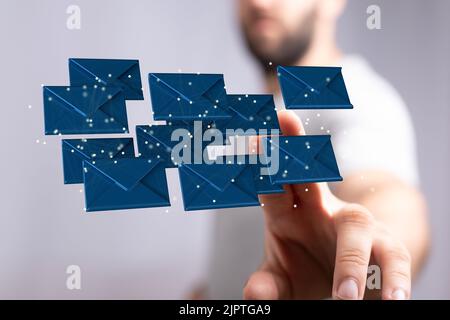 Rappresentazione 3D di un simbolo e-mail e delle comunicazioni di rete su sfondo sfocato Foto Stock