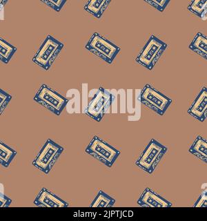 Nastro audio inciso senza cuciture. Cassetta di musica vintage in stile disegnato a mano. Texture di schizzo per tessuto, carta da parati, tessuto, stampa, Illustrazione Vettoriale