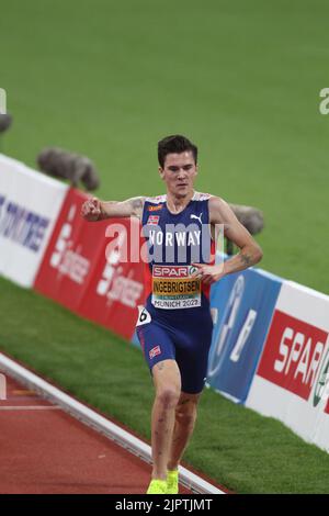 Non specificato. 17th ago, 2022. MONACO di Baviera, GERMANIA - 16 AGOSTO: Jakob Ingebrigtsen di Norvegia compete durante la finale Athletics - Men's 5000m il giorno 6 dei Campionati europei di Monaco 2022 all'Olympiapark il 16 agosto 2022 a Monaco di Baviera, Germania. (Foto di Arthur Thill/ATPImages) (Arthur Thill/ATP/SPP) Credit: SPP Sport Press Photo. /Alamy Live News Foto Stock