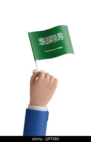 Cartoon mano con la bandiera dell'Arabia Saudita isolato su sfondo bianco. illustrazione 3d. Foto Stock