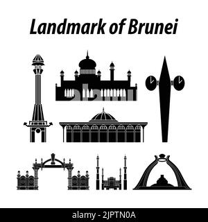 Fascio di famosi punti di riferimento Brunei per stile silhouette, illustrazione vettoriale Illustrazione Vettoriale