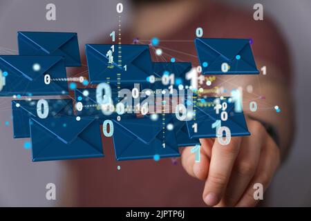 Una persona che punta a 3D icone blu rappresentate della busta di posta elettronica Foto Stock