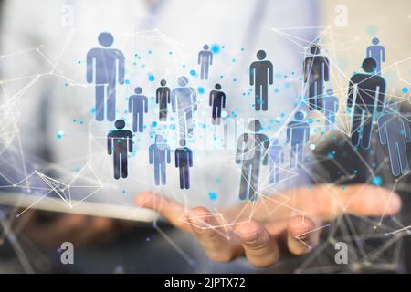 Un certo numero di icone del profilo umano connesse con le linee digitali - un concetto di networking di squadra Foto Stock