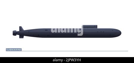 Il sottomarino strategico è in una vista laterale che è isolata su uno sfondo bianco. Illustrazione vettoriale Illustrazione Vettoriale