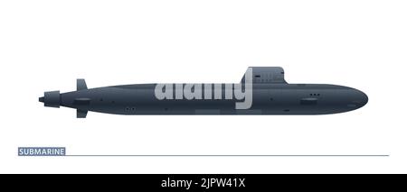 L'illustrazione vettoriale di un sottomarino della Marina è in una vista laterale isolata su uno sfondo bianco. Illustrazione Vettoriale