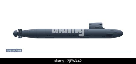 Il sottomarino è in una vista laterale che è isolata su uno sfondo bianco. Illustrazione vettoriale Illustrazione Vettoriale
