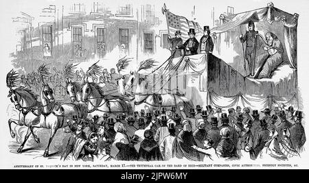 Anniversario della Giornata di San Patrizio a New York, 17th marzo 1860 - l'auto trionfale del Bardo di Erin - compagnie militari, autorità civiche, società amichevoli, ecc 19th ° secolo illustrazione dal quotidiano illustrato di Frank Leslie Foto Stock