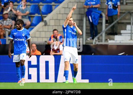 Bryan Heynen di Genk festeggia dopo aver segnato la partita di calcio tra KRC Genk e Cercle Brugge KSV, sabato 20 agosto 2022 a Genk, il 5° giorno della prima divisione del campionato belga della 'Jupiler Pro League' 2022-2023. FOTO DI BELGA JOHAN EYCKENS Foto Stock