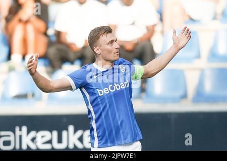 Bryan Heynen di Genk festeggia dopo aver segnato la partita di calcio tra KRC Genk e Cercle Brugge KSV, sabato 20 agosto 2022 a Genk, il 5° giorno della prima divisione del campionato belga della 'Jupiler Pro League' 2022-2023. FOTO DI BELGA BRUNO FAHY Foto Stock