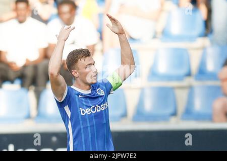 Bryan Heynen di Genk festeggia dopo aver segnato la partita di calcio tra KRC Genk e Cercle Brugge KSV, sabato 20 agosto 2022 a Genk, il 5° giorno della prima divisione del campionato belga della 'Jupiler Pro League' 2022-2023. FOTO DI BELGA BRUNO FAHY Foto Stock