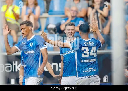 Bryan Heynen di Genk festeggia dopo aver segnato la partita di calcio tra KRC Genk e Cercle Brugge KSV, sabato 20 agosto 2022 a Genk, il 5° giorno della prima divisione del campionato belga della 'Jupiler Pro League' 2022-2023. FOTO DI BELGA BRUNO FAHY Foto Stock