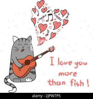Carino cartone animato gatto innamorato. Doodle canta gatto con chitarra. Disegno della scheda di San Valentino Illustrazione Vettoriale