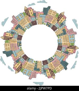 Struttura rotonda con colorati edifici della città dei doodle. Illustrazione vettoriale della città astratta con posto per il testo. Elemento decorativo per infografica Illustrazione Vettoriale