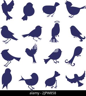 Silhouette di uccelli isolate sul bianco. Set di uccelli cartoni animati disegnati a mano. Icone vettoriali Illustrazione Vettoriale