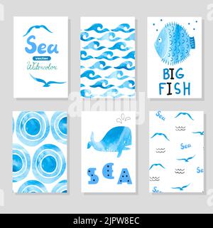 Acquerello mare nei colori blu e bianco. Collezione di carte modello, tema marino. Illustrazioni vettoriali del mare. Carta disegnata a mano Illustrazione Vettoriale