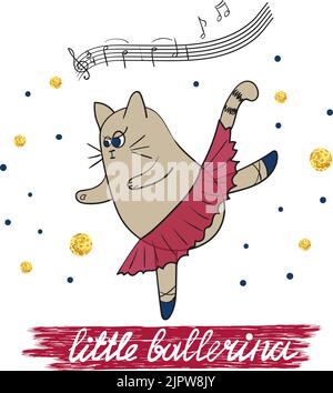 Piccola illustrazione vettoriale ballerina, adatta per il cartellino di compleanno, l'invito alla festa, il design della maglietta. Carino cartone animato ballando gatto isolato su bianco Illustrazione Vettoriale