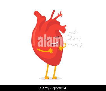 Carino cartone animato felice sano cuore umano carattere buon umore. Mascotte d'organo circolatorio vettoriale canta canzone. Illustrazione eps del simbolo del settore sanitario e del trattamento Illustrazione Vettoriale