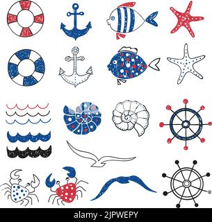 Set di graziosi elementi decorativi marini isolati su bianco. Design a tema marino. Raccolta di pesci di mare disegnati a mano, ancore, stelle marine, gabbiano, granchio Illustrazione Vettoriale