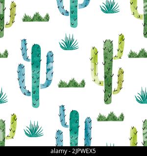 Motivo cactus watercolor senza cuciture. Sfondo vettoriale con cactus verde e blu isolato su bianco Illustrazione Vettoriale