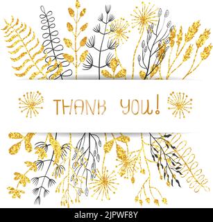 Grazie disegno di scheda floreale. Fiori dorati scintillanti e rami isolati su bianco. Adatto per biglietti di compleanno, inviti a matrimoni Illustrazione Vettoriale