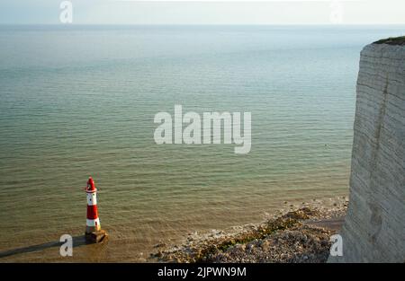 Beachy Head Lighthouse in alta marea vicino alle scogliere bianche vicino Eastbourne in una giornata di sole a maggio, Sussex orientale, Inghilterra, Regno Unito Foto Stock