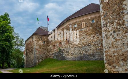 Colorate e orgogliose anche in un giorno di svanire - torri e mura di torri e mura del castello di Lubiana in Slovenia Foto Stock