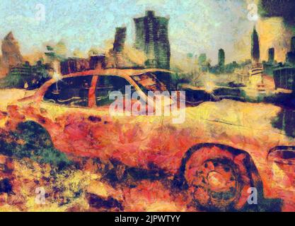 Pittura surreale. New York taxi. Rendering 3D Foto Stock