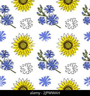 Disegno vettoriale di ua blu e giallo con fiori. Un disegno a linea continua con girasole e cicoria Illustrazione Vettoriale