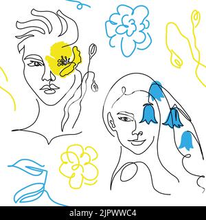 Modello vettoriale Ua blu e giallo con volto e fiore donna invece dell'occhio. Un disegno a linea continua di colore blu e giallo Illustrazione Vettoriale
