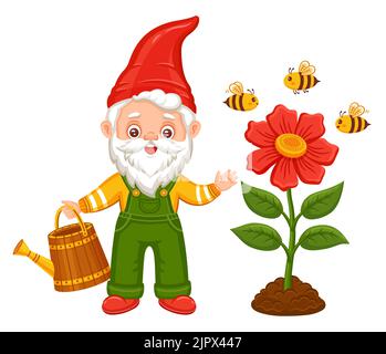 Cute gnome giardino fiore crescente, giardiniere nano tenere annaffiatura può. Elfo da giardinaggio da favola, piccolo vecchio con barba. Ape raccogliere miele nettare vettore Illustrazione Vettoriale