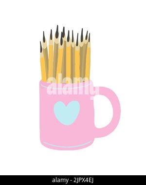 Matite vettoriali semplici in una tazza rosa con un cuore blu per lo studio. Illustrazione dipinta in acquerello. Illustrazione Vettoriale