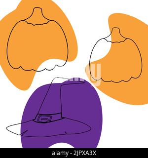 Set di due zucche e berretto streghe. Disegno di contorno con macchie colorate. Adatto per adesivi, poster, inviti, cartoline Illustrazione Vettoriale