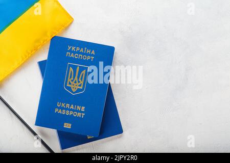 Passaporti biometrici ucraini e bandiera ucraina giallo-blu su sfondo bianco. Non ci sono persone nella foto. C'è spazio libero per l'inserimento. T Foto Stock