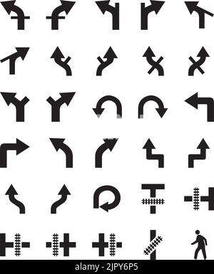Una serie di icone nere dei segnali stradali su sfondo bianco Illustrazione Vettoriale