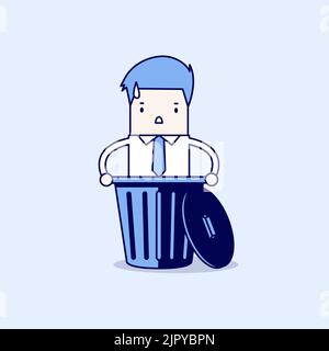 Uomo d'affari caduto nella spazzatura. Vettore stile linea sottile carattere cartone animato. Illustrazione Vettoriale