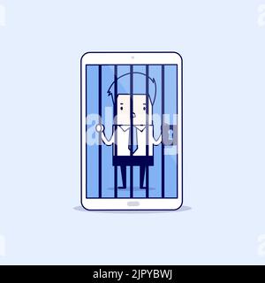 Uomo d'affari bloccato nello smartphone. Vettore stile linea sottile carattere cartone animato. Illustrazione Vettoriale